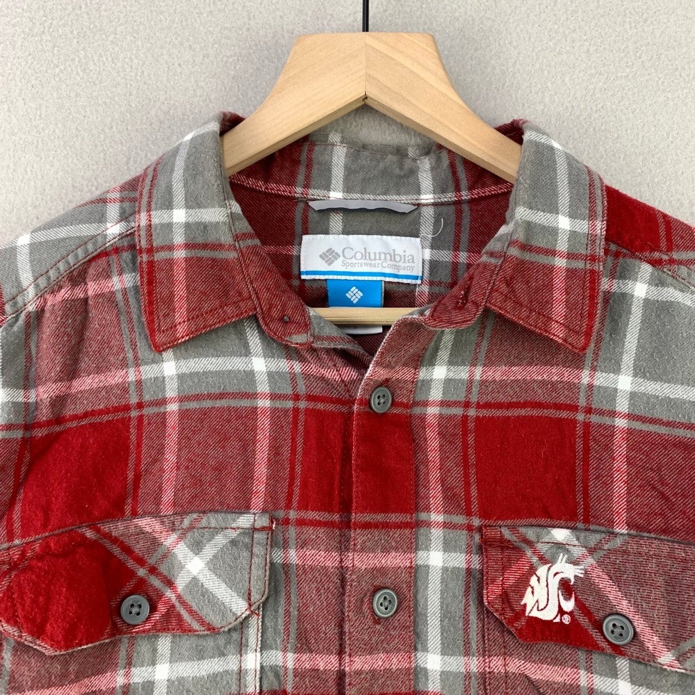 WSU Cougars Columbia Flare Gun Flannel Shirt Mens Small Red Plaid Button Up